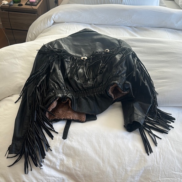 Black Fringe Leather and shearling Jacket - Picture 2 of 4